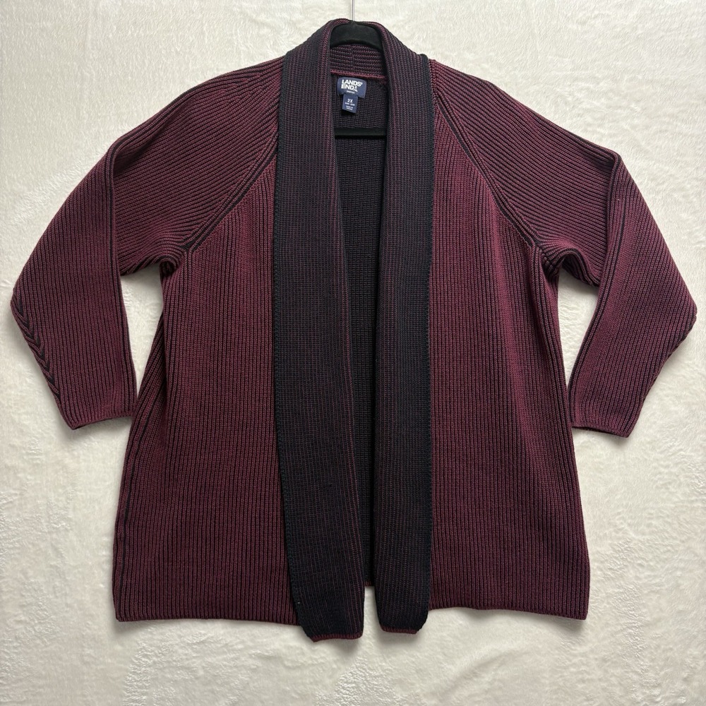 Lands End Drifter Cardigan Women 2X Burgundy Excellent Shawl Collar Open Front